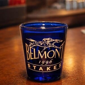1996 Belmont Stakes Shot Glass Cobalt Blue Gold Lettering
